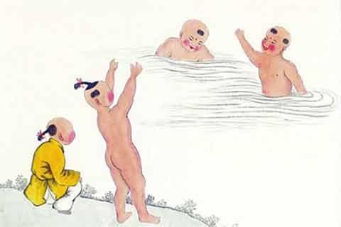 古代儿童在河边沐浴